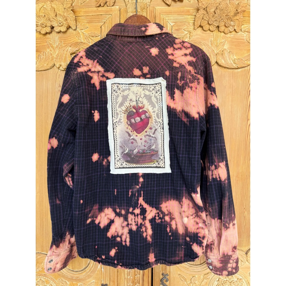 Bleach Dyed Western Flannel Sacred Heart Patch Shirt M/L - Picture 5 of 8